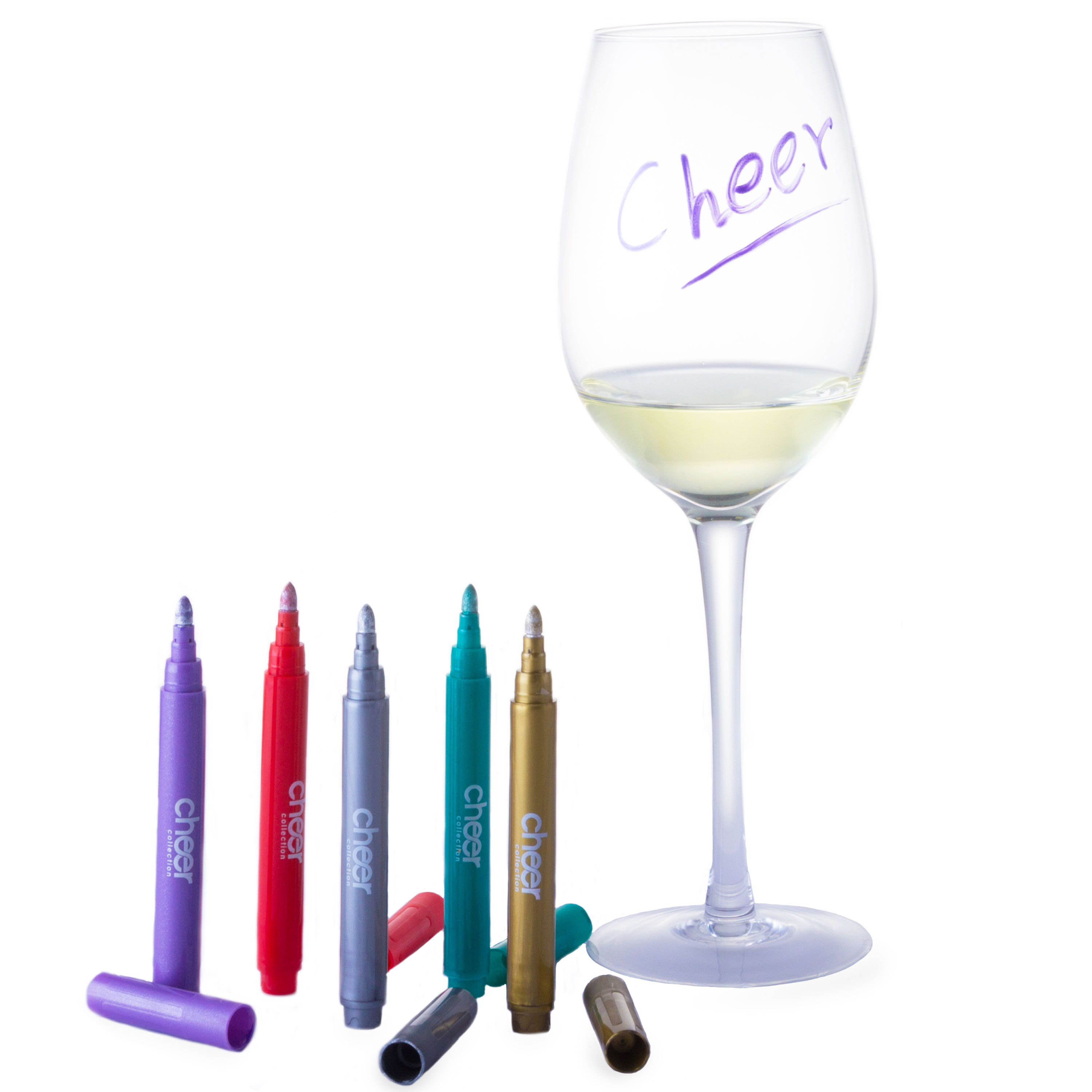 [50Pack] Metallic Wine Glass Party Charm Marker Pens (10 packs of 5
